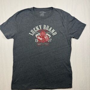 Lucky Brand Short-Sleeve Heather Navy Graphic Tee with Red and White Print